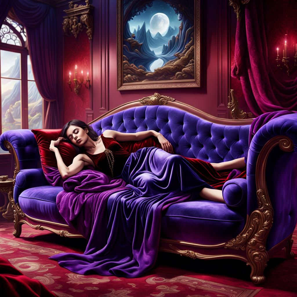 Woman on Red Couch: Detailed Matte Painting
