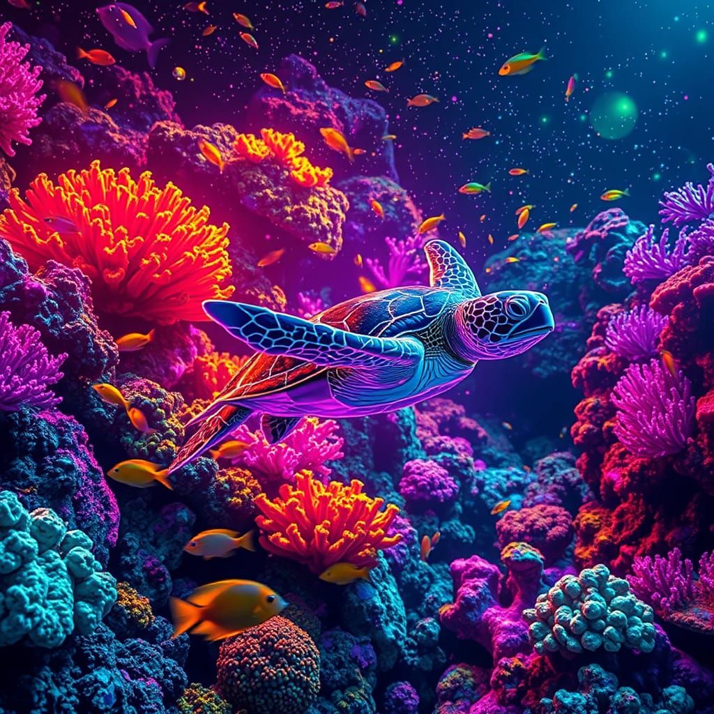 Bioluminescent Coral Reef with Tropical Fish in Cosmic Surre...