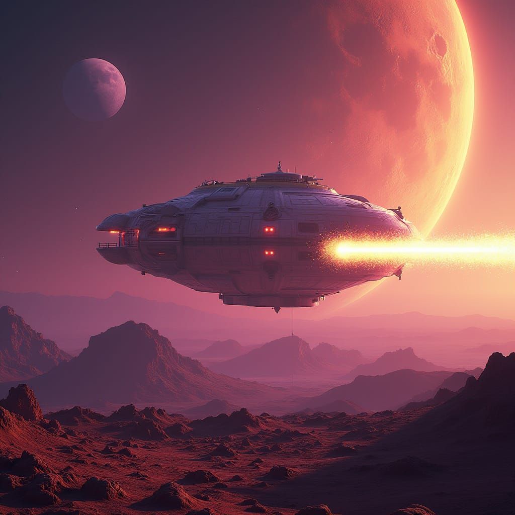 Detailed digital matte painting. Wide shot. A futuristic Mars base Defense Platform, equipped with plasma cannons and ra...