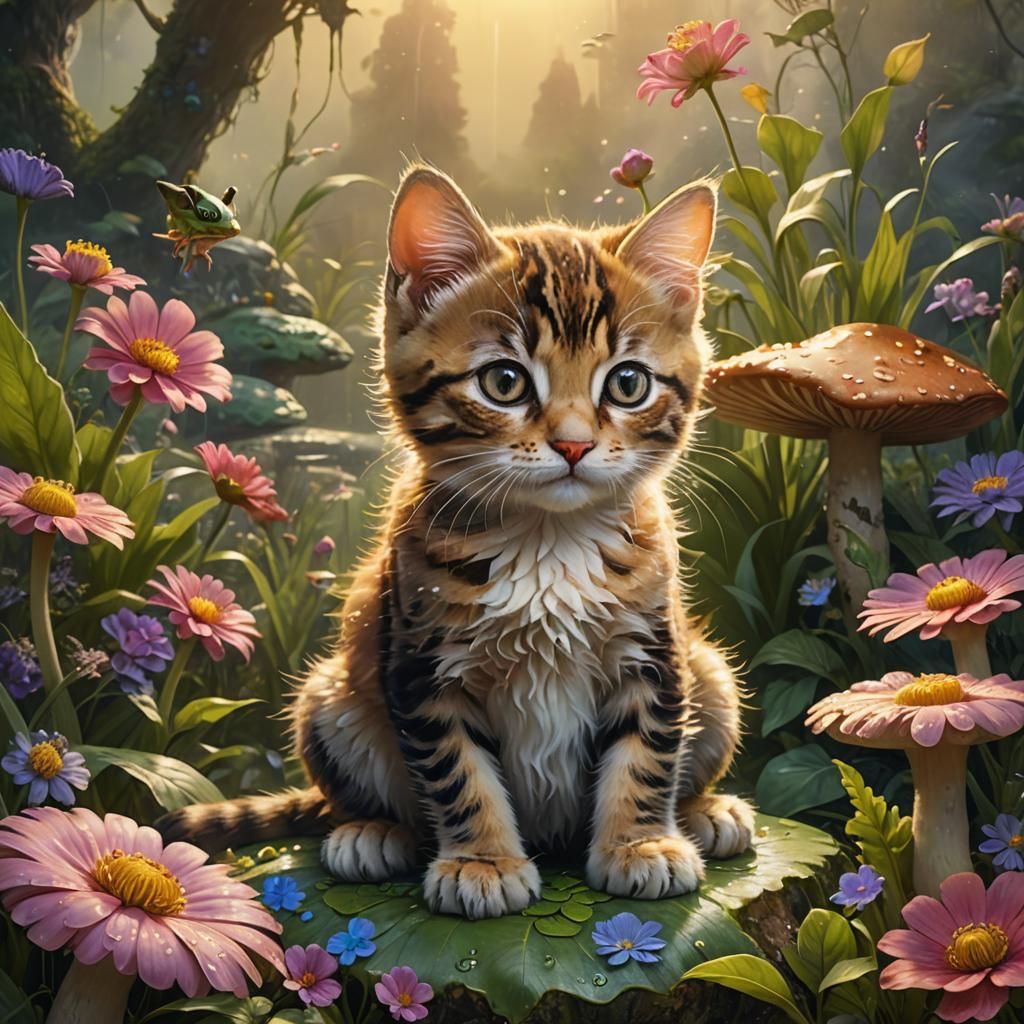 Kitten and Frog in Dreamy Fantasy Realm