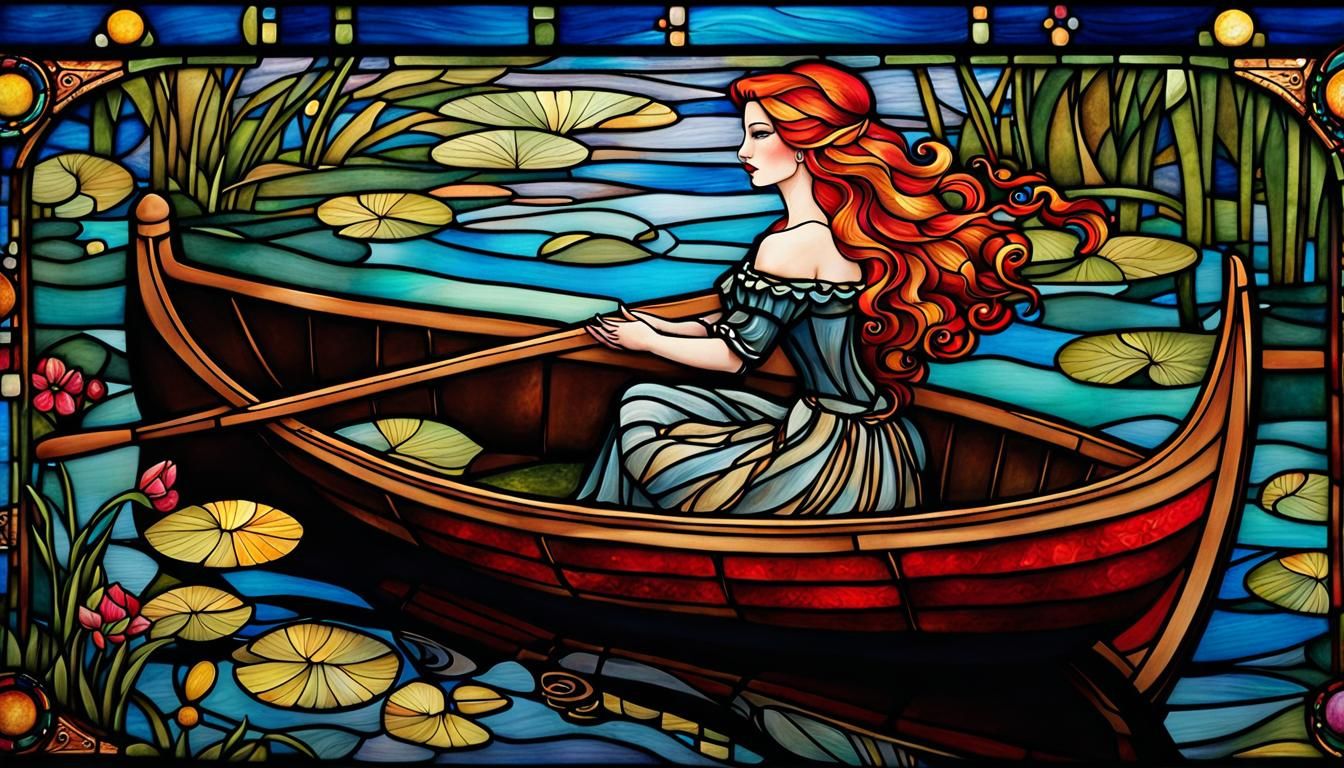 Pre-Raphaelite Woman in Pond with Stained Glass Effect