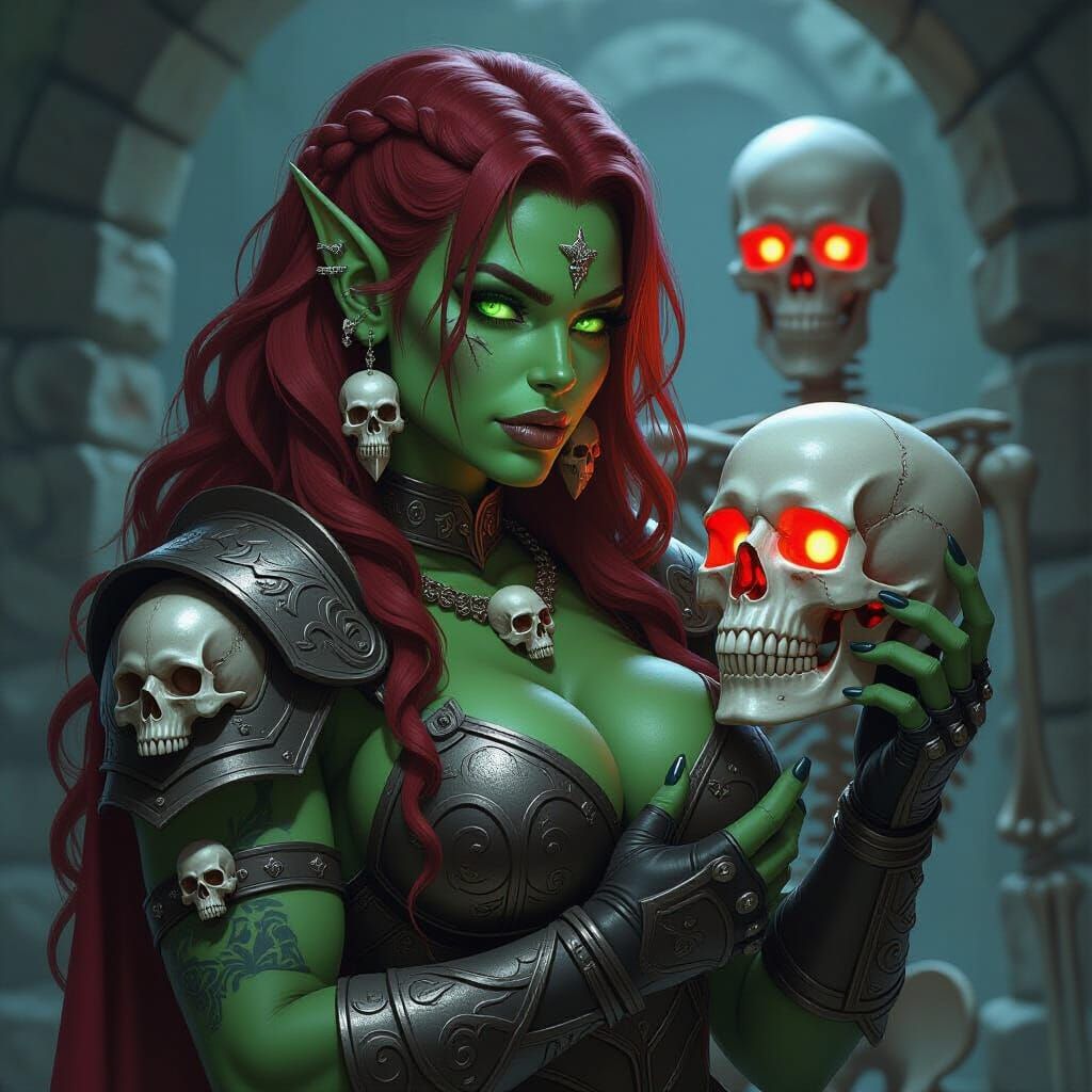 Muscular Female Orc Holding Skull in Dungeon