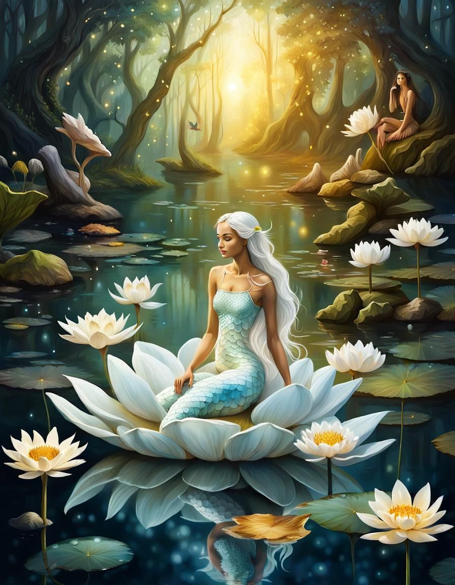 Magical Mermaid on Lotus Flower in Fairy Lake