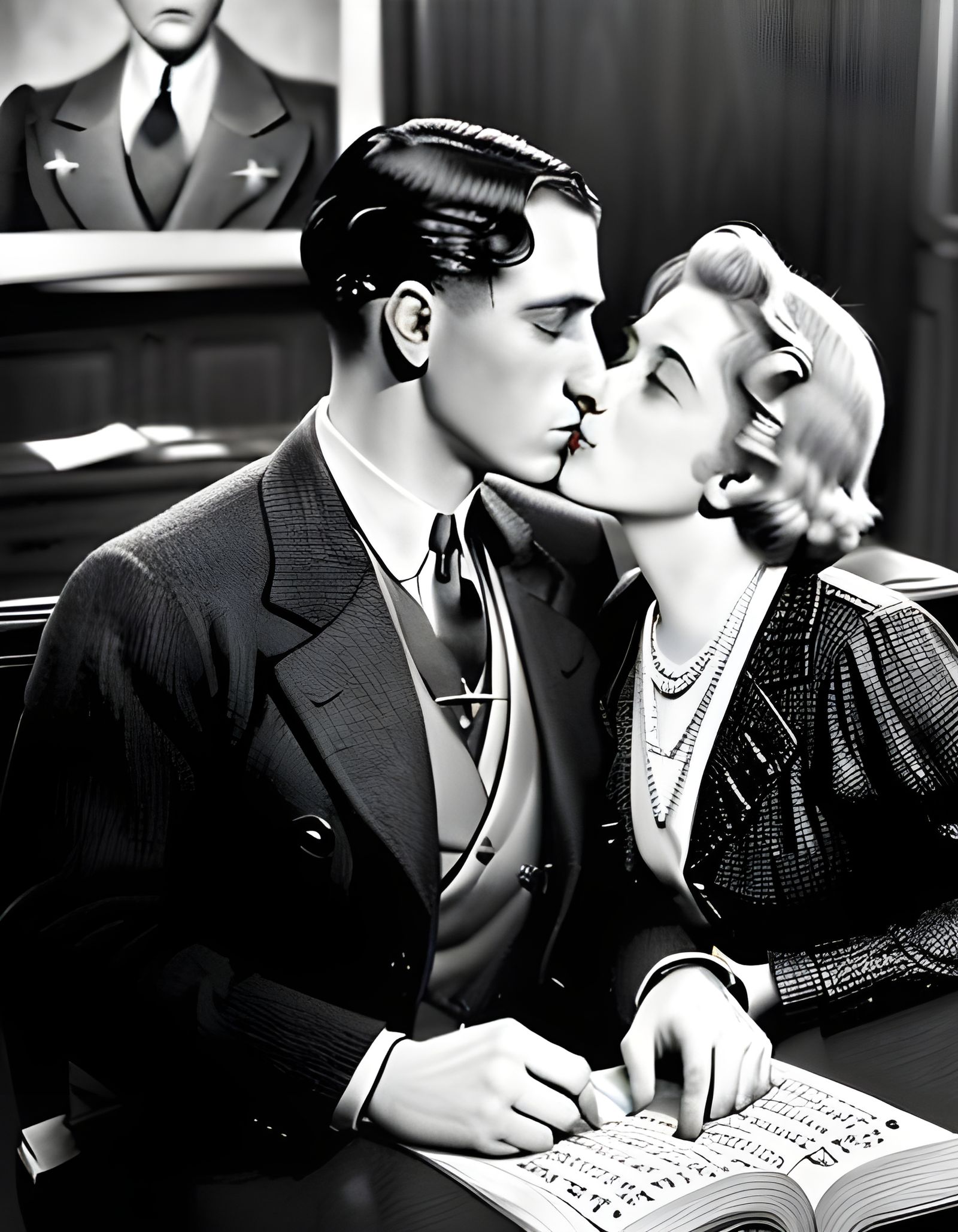Passionate Kiss in Courtroom: 1930s Photo Style