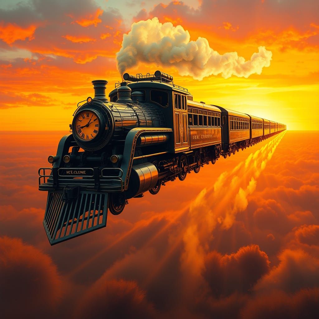 Surreal Train Defies Gravity in Vibrant Sunset Sky