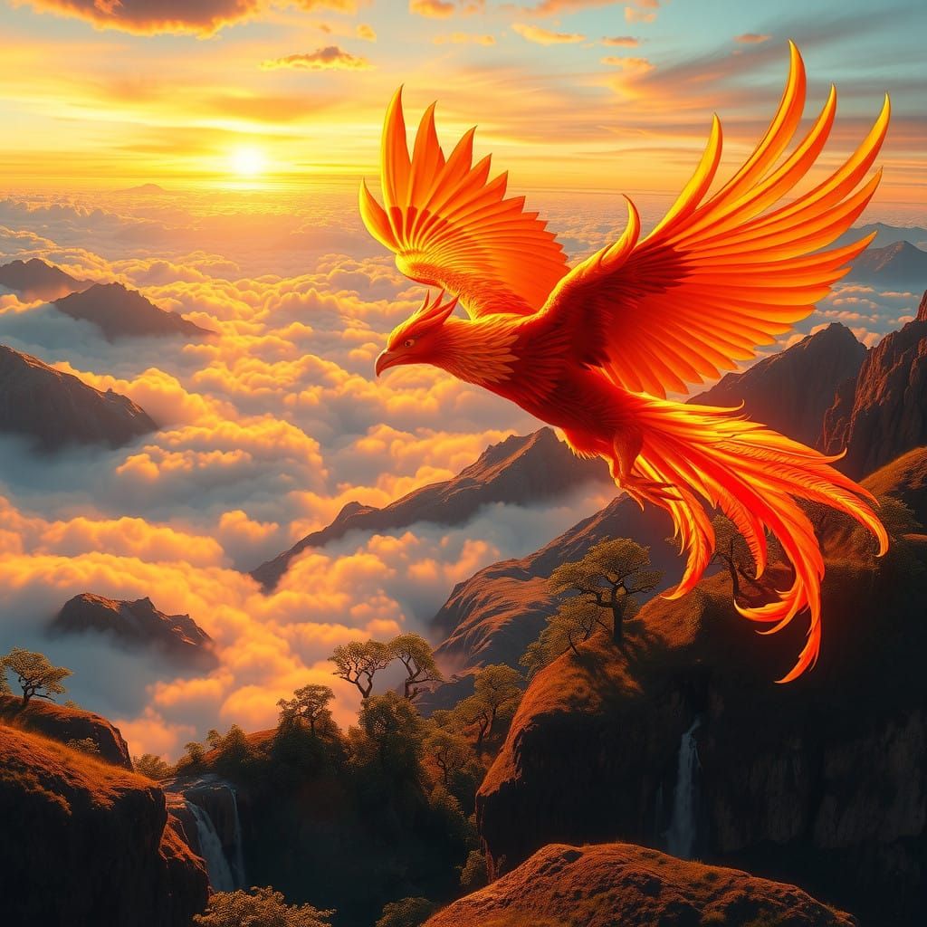 Majestic Phoenix Soars Through Vibrant, Fantastical Landscap...
