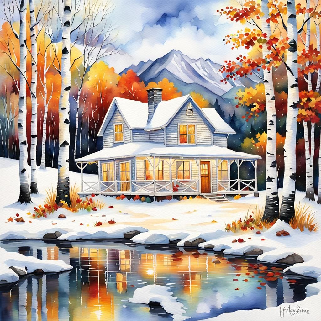 Winter Lake Cabin Watercolor with Autumn Leaves