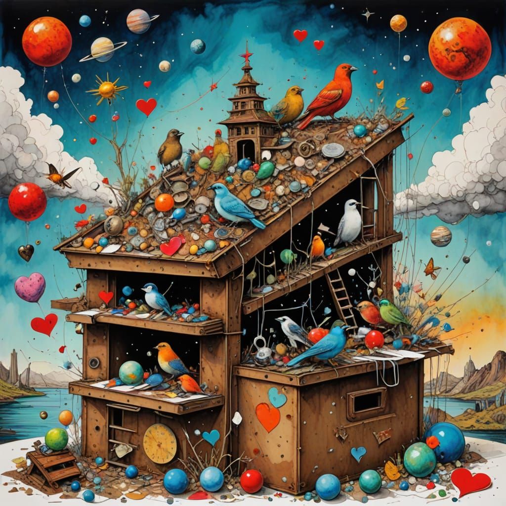 Surreal Collage of Whimsical Creatures in a Fantastical Box