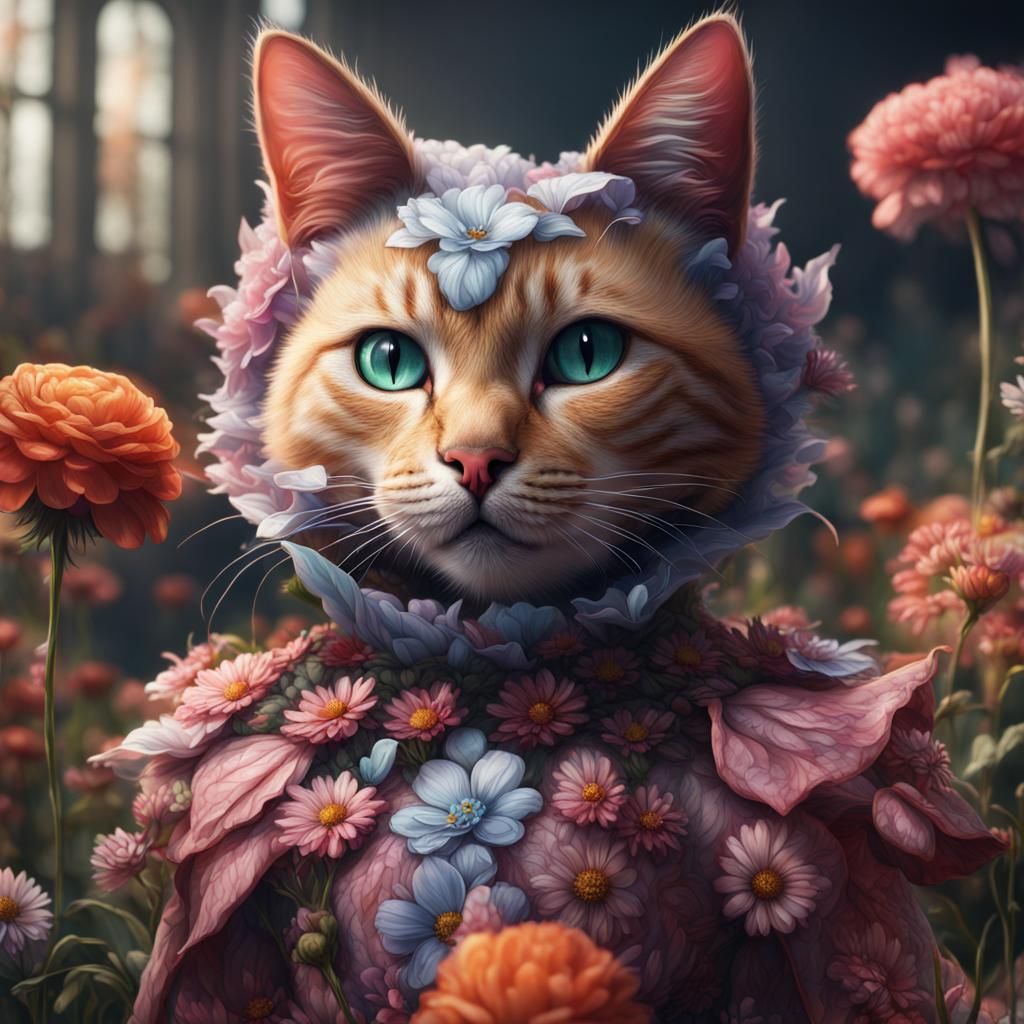 Cat in Flower Costume: Detailed Fantasy Art