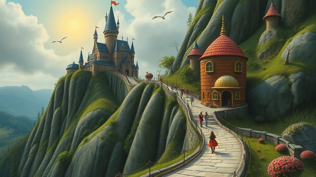 Whimsical Fantasy Castle Amidst Majestic Mountain Peaks