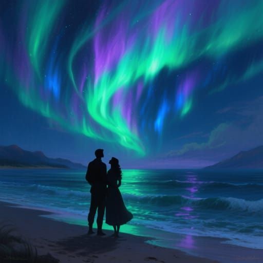 Couple Watches Vibrant Aurora Borealis Over Beach