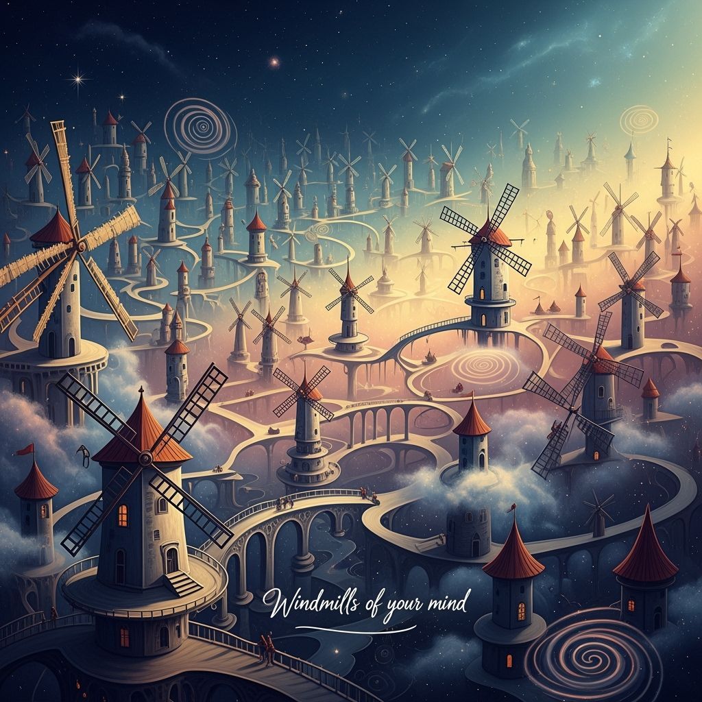 Surreal Mindscape of Interconnected Windmills in Dreamlike L...