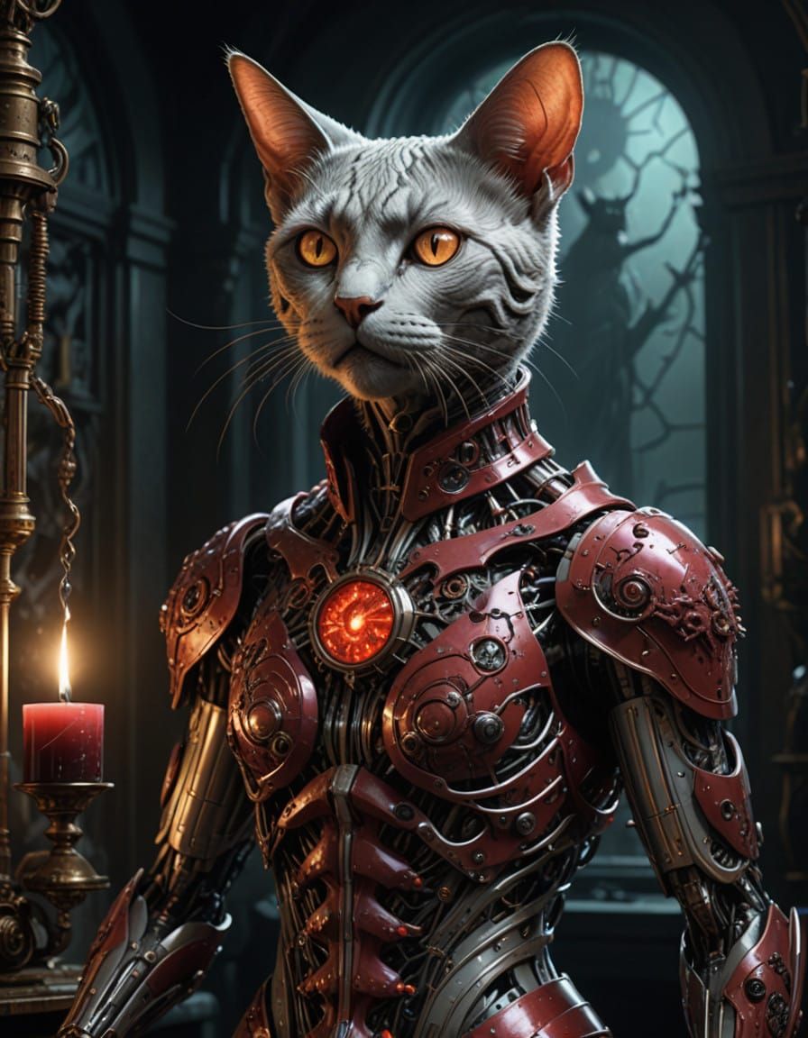 Biomechanical Siren's Allure in Deep Silver and Vermilion