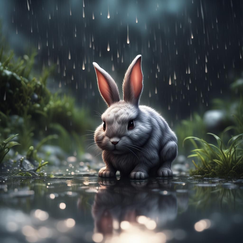Sad Baby Rabbit Alone in Rainy Nature