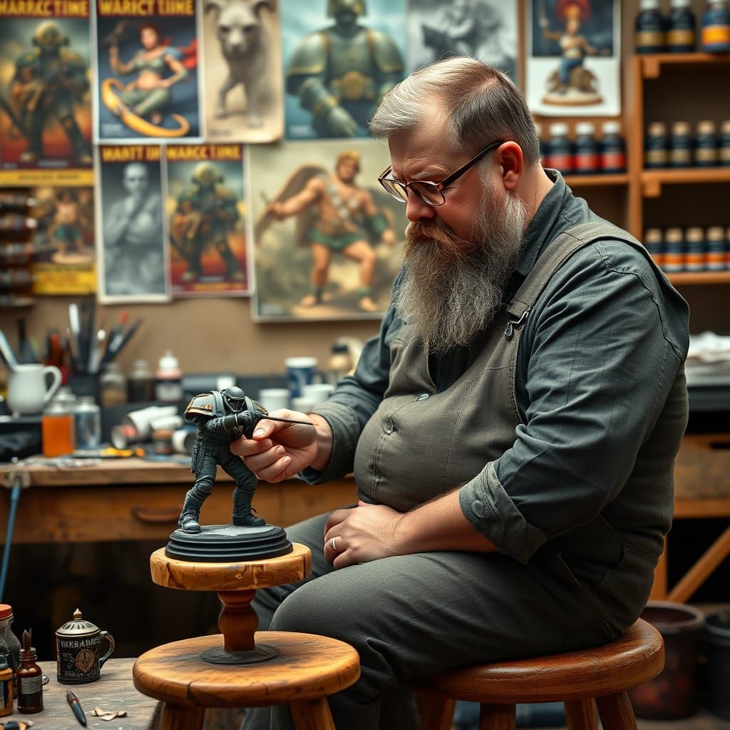 Man Painting Warhammer Miniature Figure in Photo Realistic S...