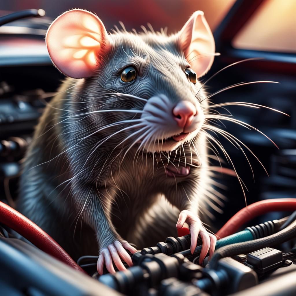 Hyperrealistic Rat Chewing Car Wires Concept Art