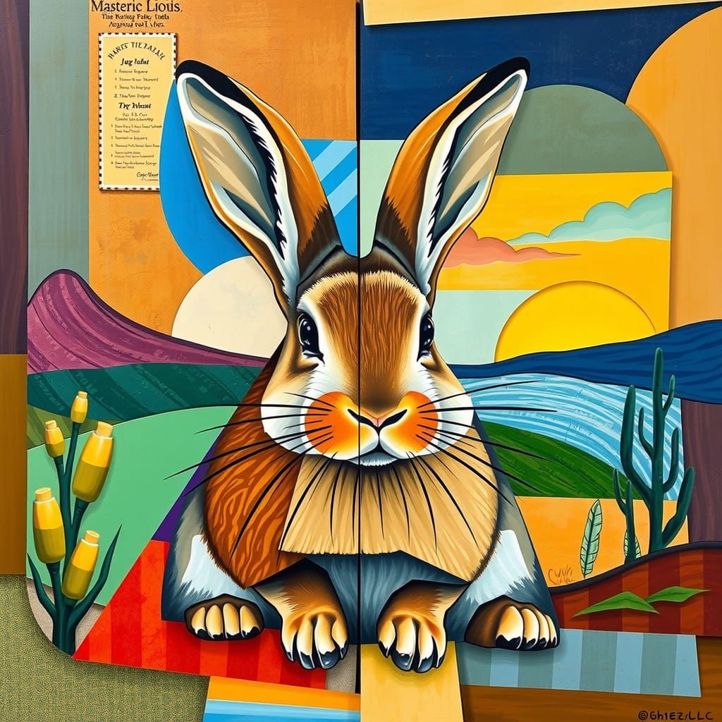 Surreal Cubist Landscape Featuring Majestic Rabbit