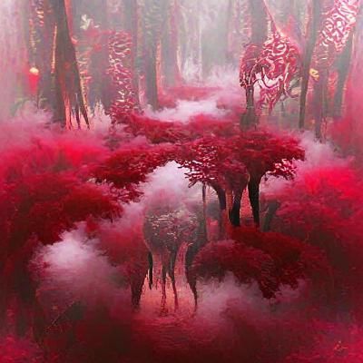 Eerie Crimson Mist Shrouds Dark Forest