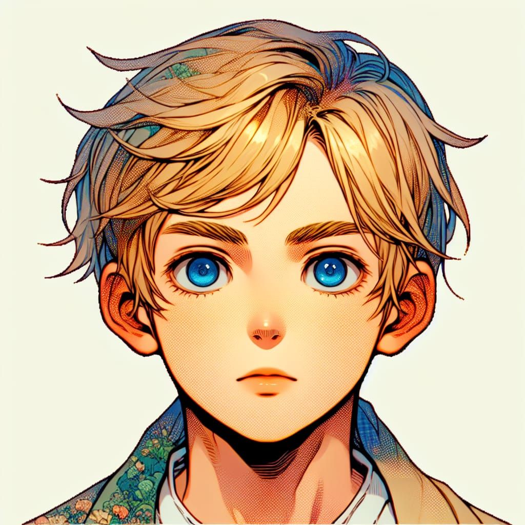 Manga Portrait of a Blonde Boy with Blue Eyes