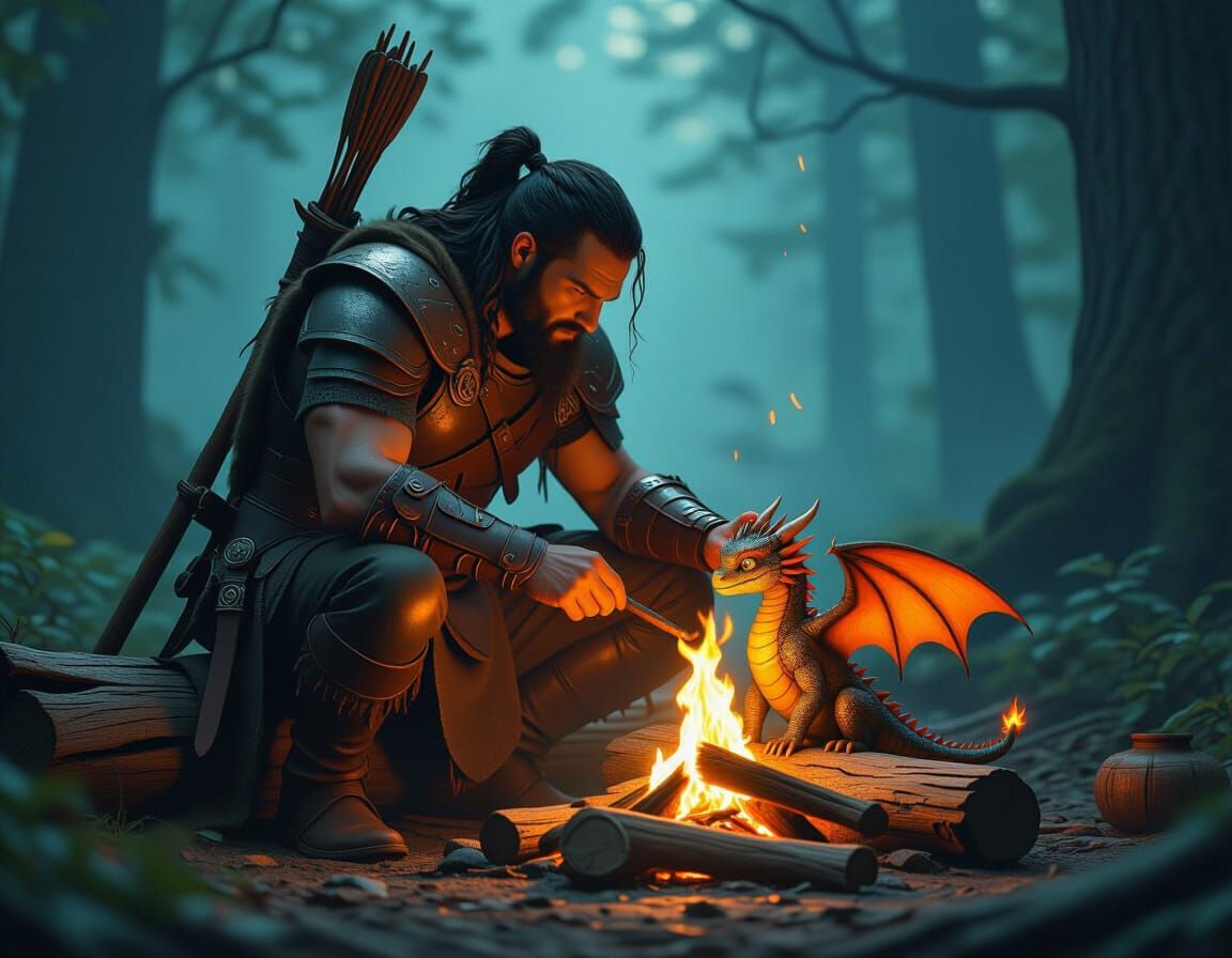 Warrior and Dragon Light Campfire in Forest