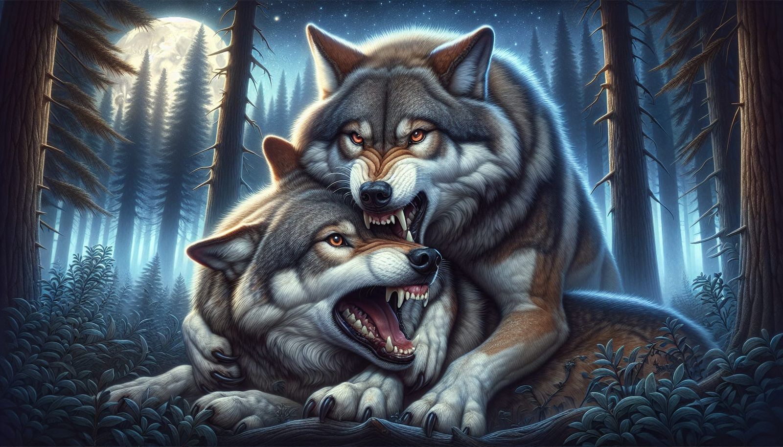 Protective She-Wolf Guards Mate in Moonlit Forest