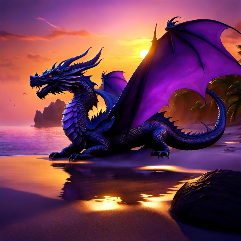 Dragon on Island Beach at Sunrise