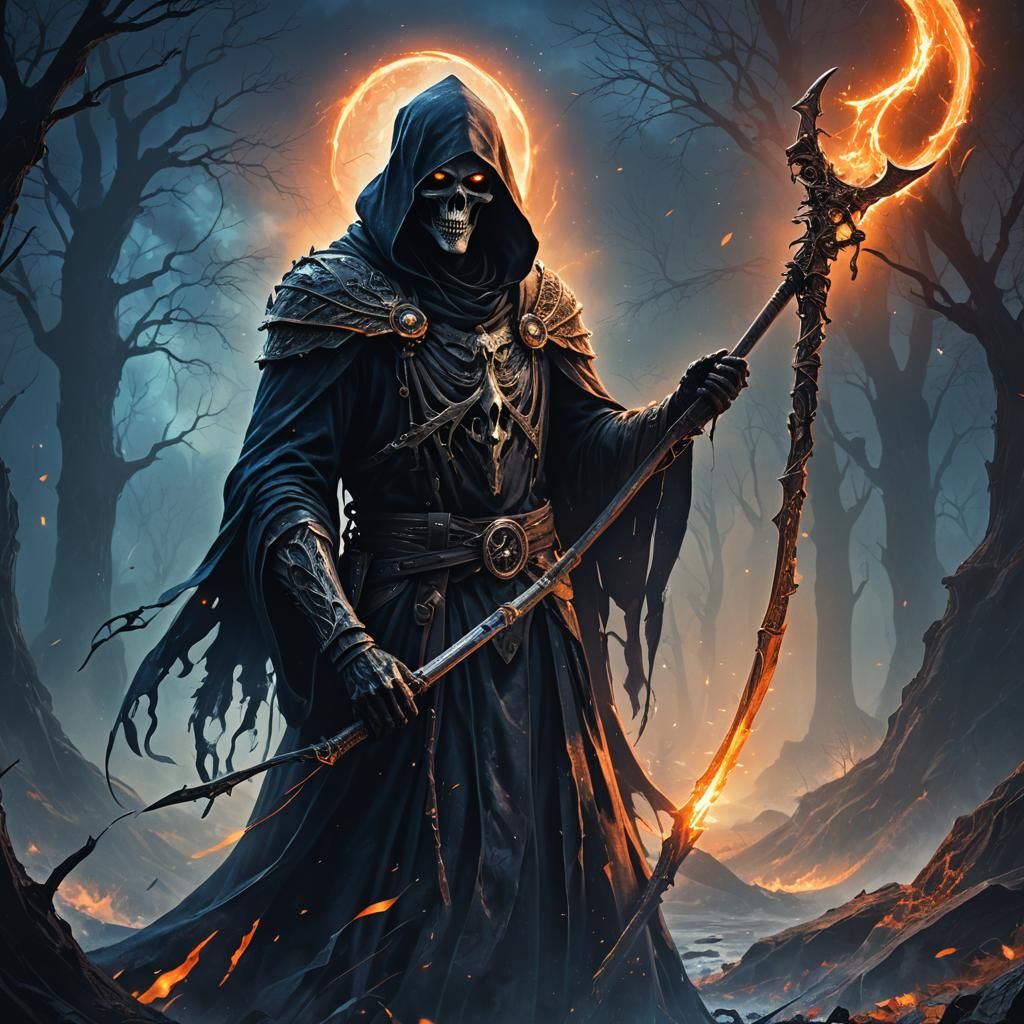 Grim Reaper Portrait in Dark Fantasy Landscape