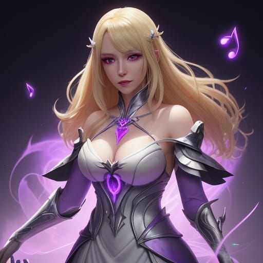 Beautiful adult sorceress in a white and purple dress. A fantasy plant symbol glows on her chest. She has glowing red ey...