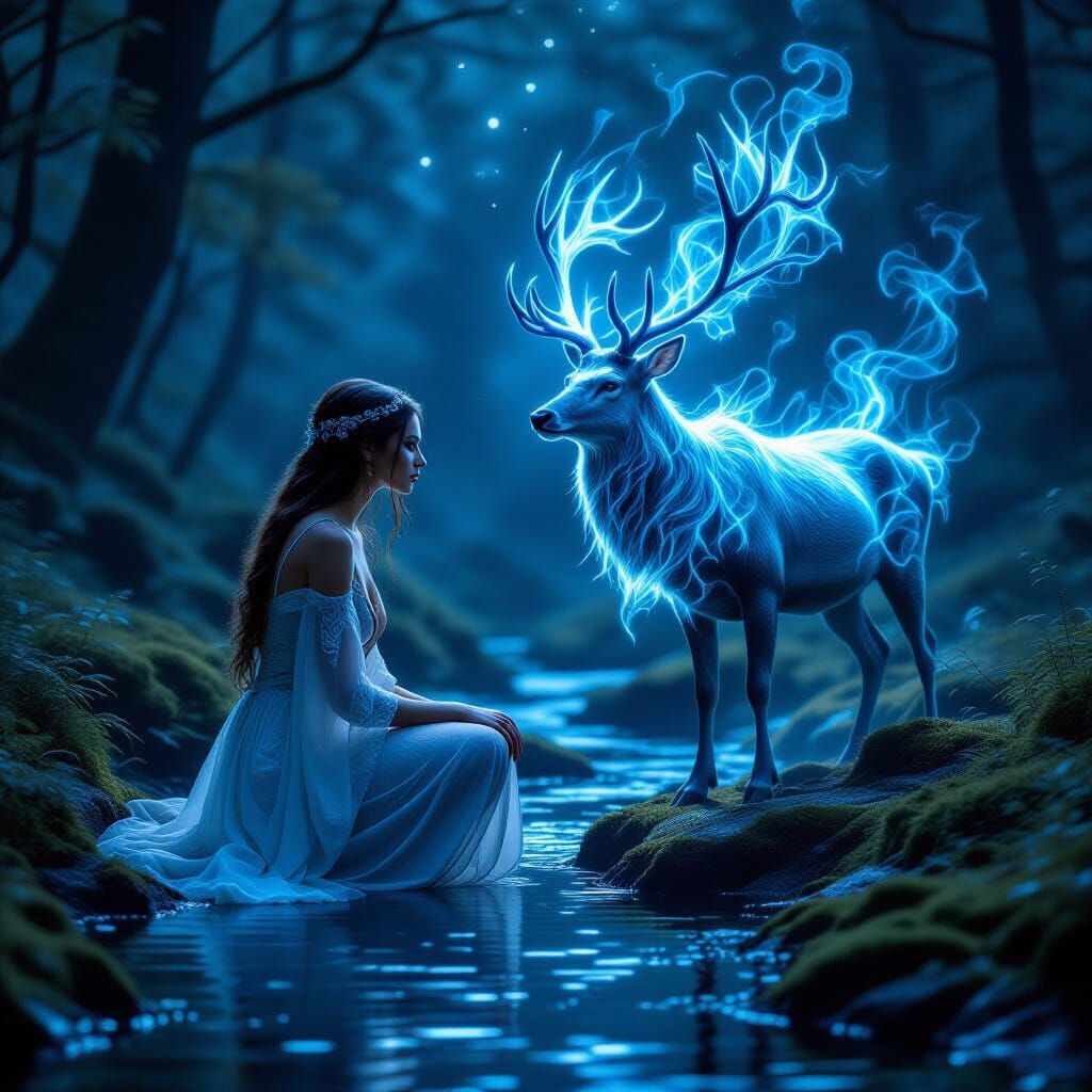 Slavic Woman and Stag Spirit in Ancient Forest