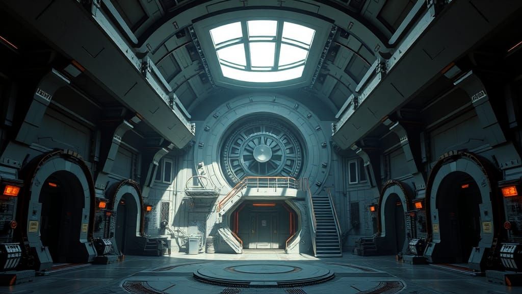 Sleek Vault-Tec Atrium in Retro-Futuristic Style