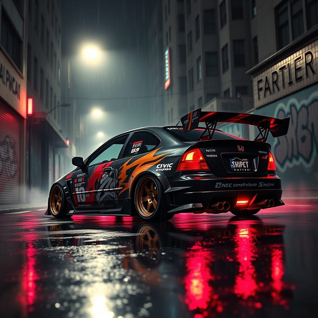 Retro-Futuristic Street Racing Honda Civic in Neon Cityscape