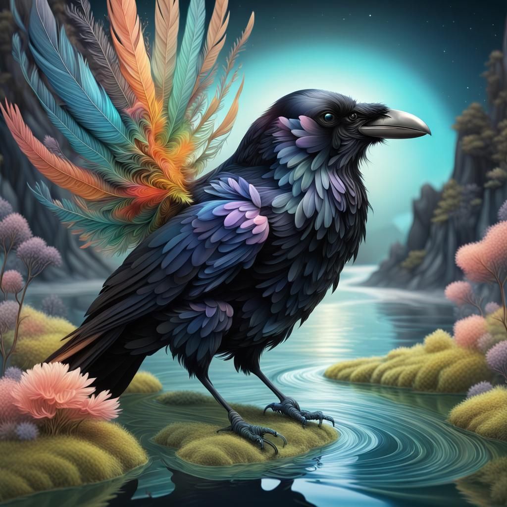 Detailed Raven Portrait in Bioluminescent Springscape