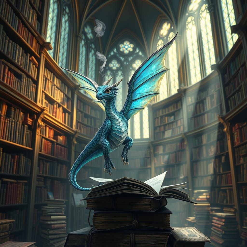 Whimsical Fairy Dragon in Gothic Castle Library