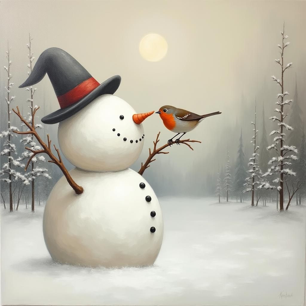 Snowman and Robin Face in Minimalist Oil Painting