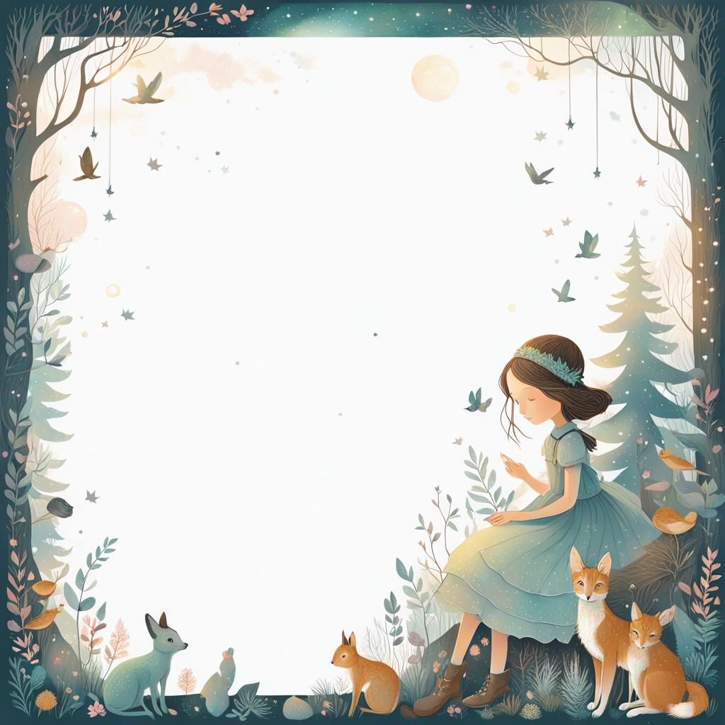 Dreamy Forest Scene with Girl and Animals in Vector Art
