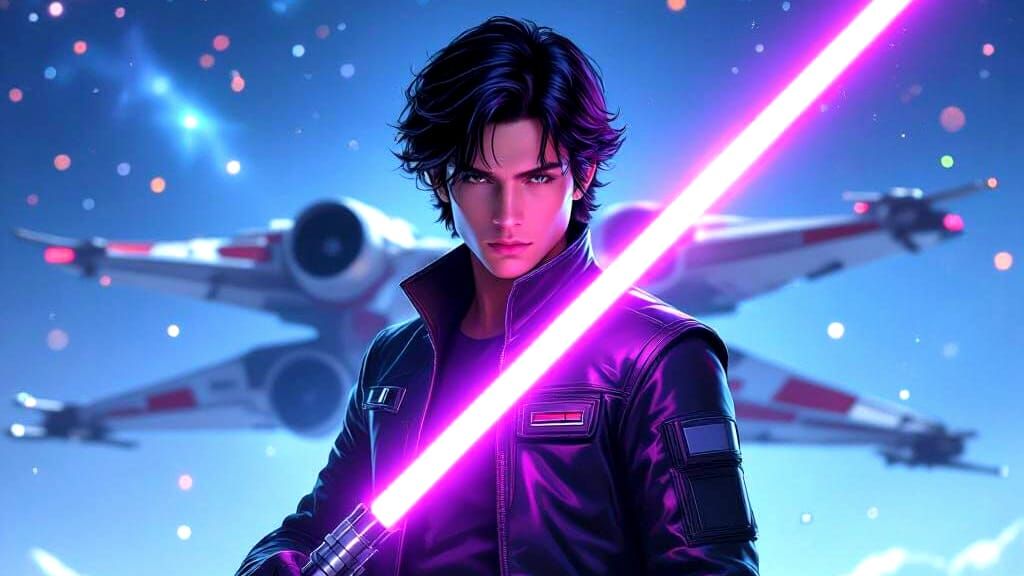 Young Warrior with Lightsaber in Starry Space