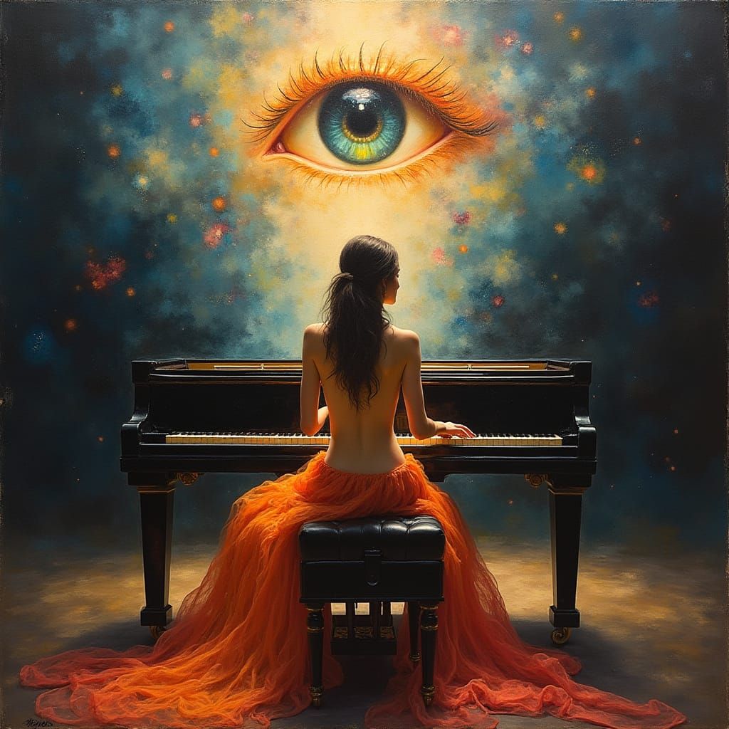 Renaissance Pianist's Captivating Gaze on Illuminated Stage