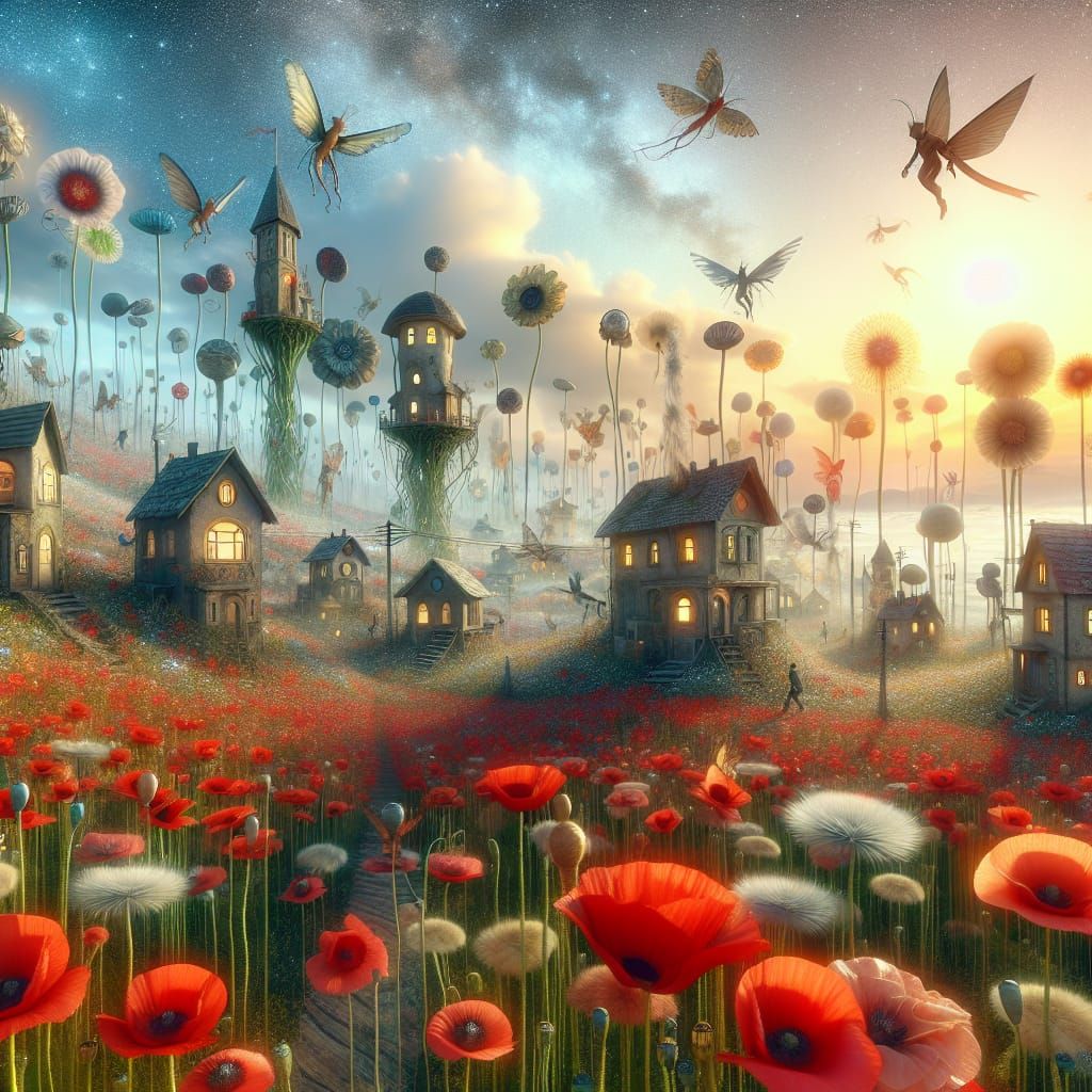 Dreamscape Meadow: Whimsical Dwellings and Winged Creatures