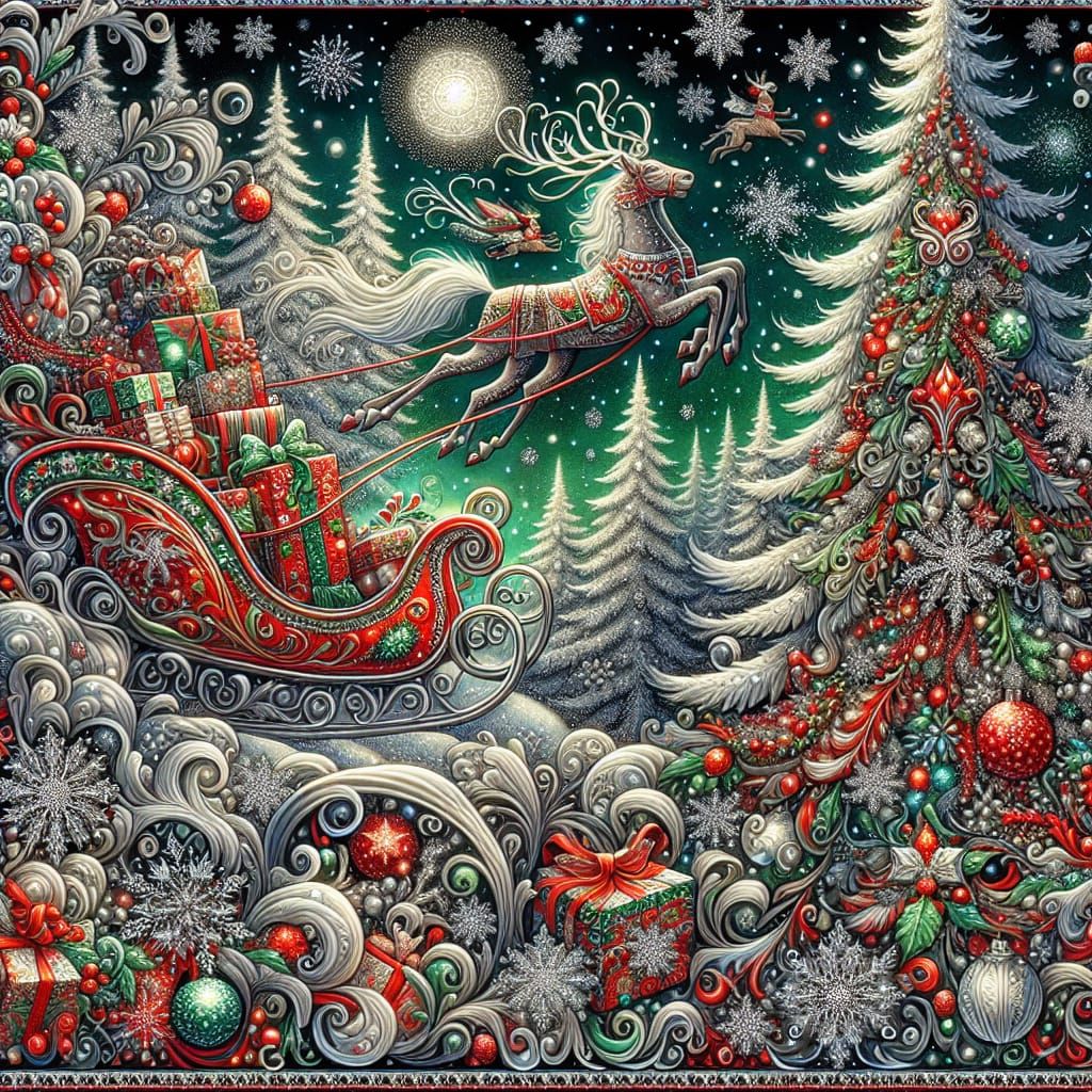 Fanciful Christmas Sleigh in Vibrant Holiday Hues