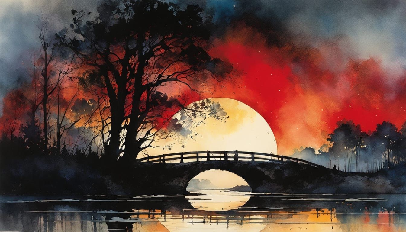 Dark Eclipse Over Swampy River With Wildflowers