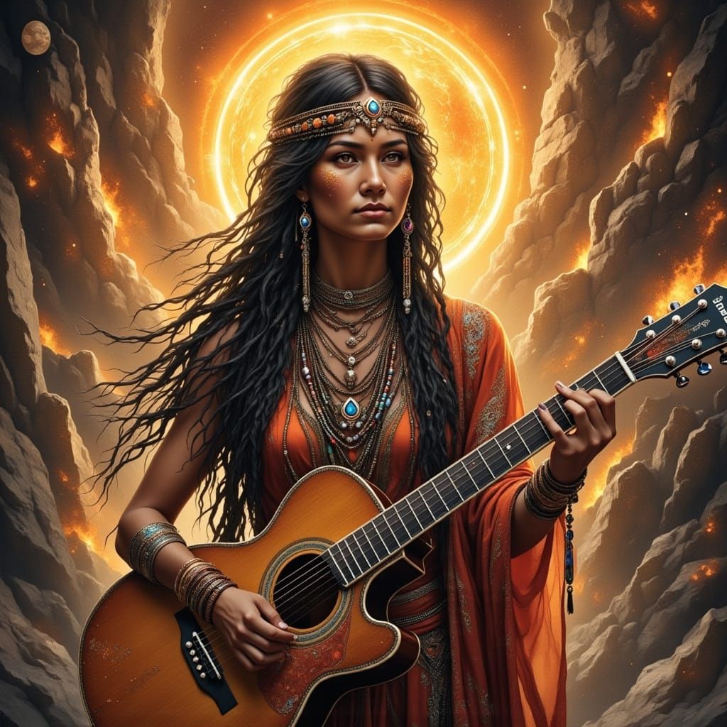 A Native American woman playing guitar, dark hair with white at the temples (3.0) in dreadlocks with stone and silver be...