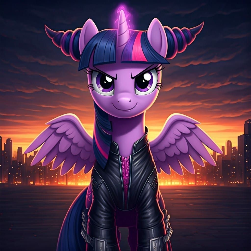 Fierce Pony Warrior in Cyberpunk Cityscape