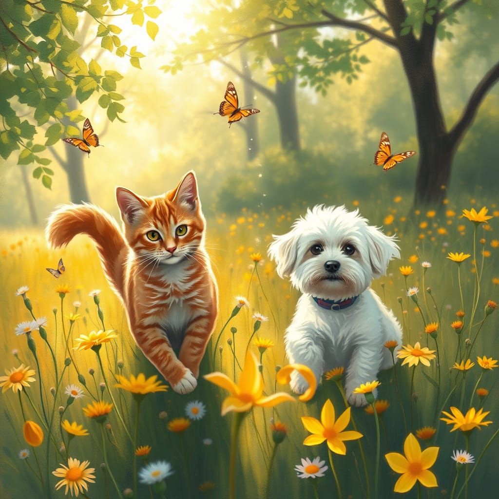 Ginger Cat and Poodle in Wildflower Field