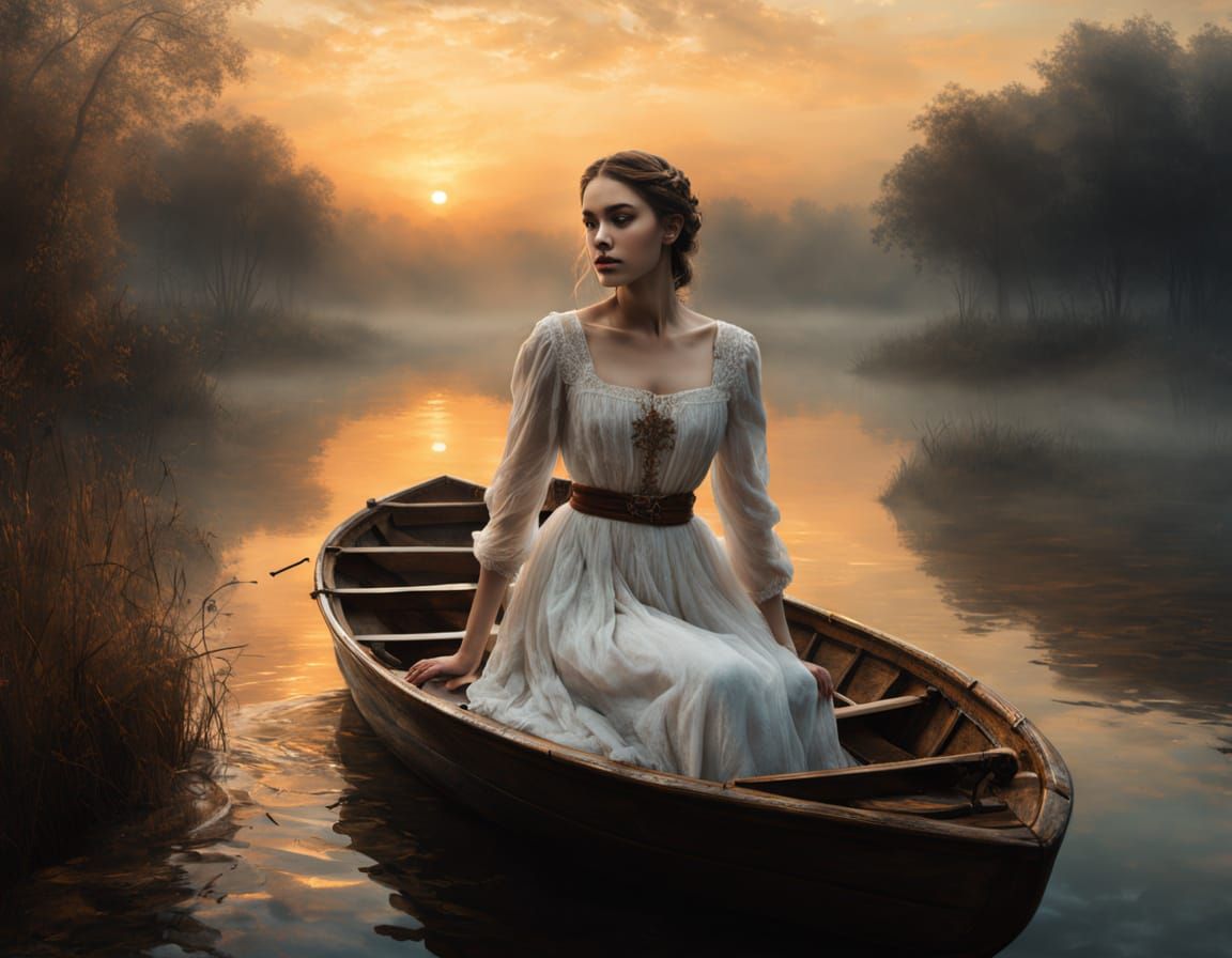Victorian Woman on Boat at Mystical Sunset