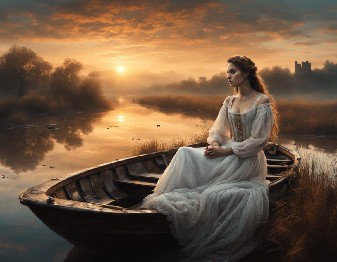 Victorian Woman on Boat at Sunset: Hyperreal Photography