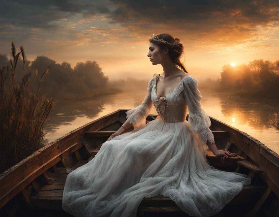 Victorian Woman on Boat at Mystical Sunset