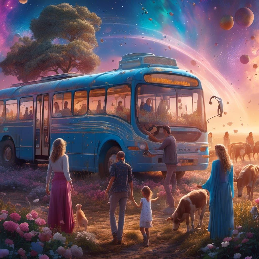Family Goodbye: Cosmic Illustration of Farm Departure