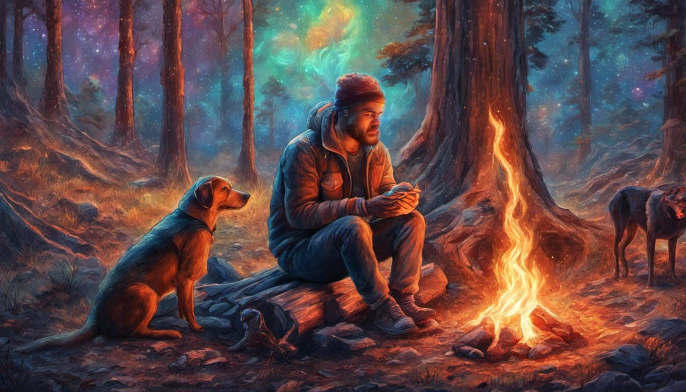 Cosmic Campfire Scene in the Woods