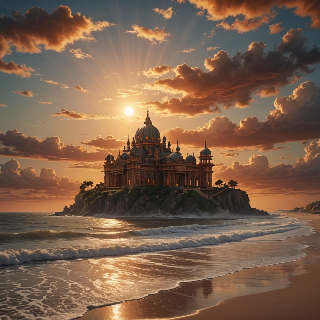 Beach Sunset with Distant Palace, Digital Matte Painting