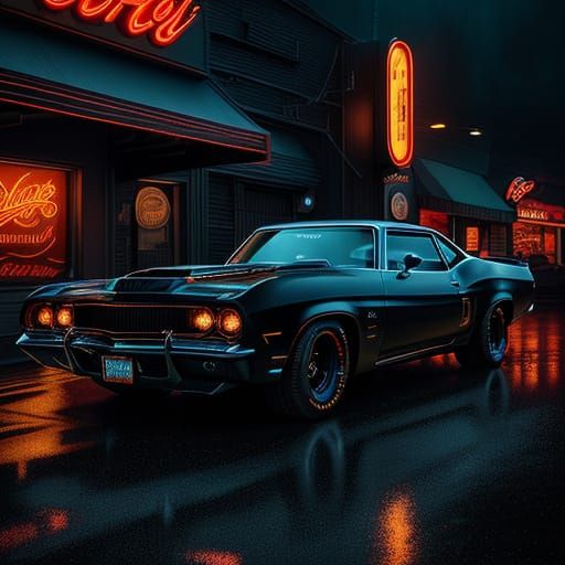 Retro-Futuristic Muscle Car at Night Diner